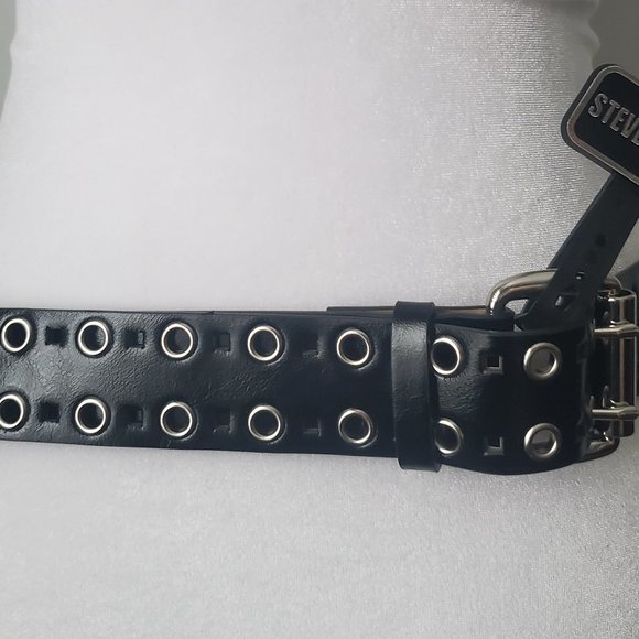 STEVE MADDEN Women's Double Grommeted Wide Black Belt Silver Buckle Gothic NEW - Picture 4 of 8